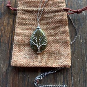 Brand New Wire-Wrapped Unakite Drop Pendant with Stainless Steel Chain